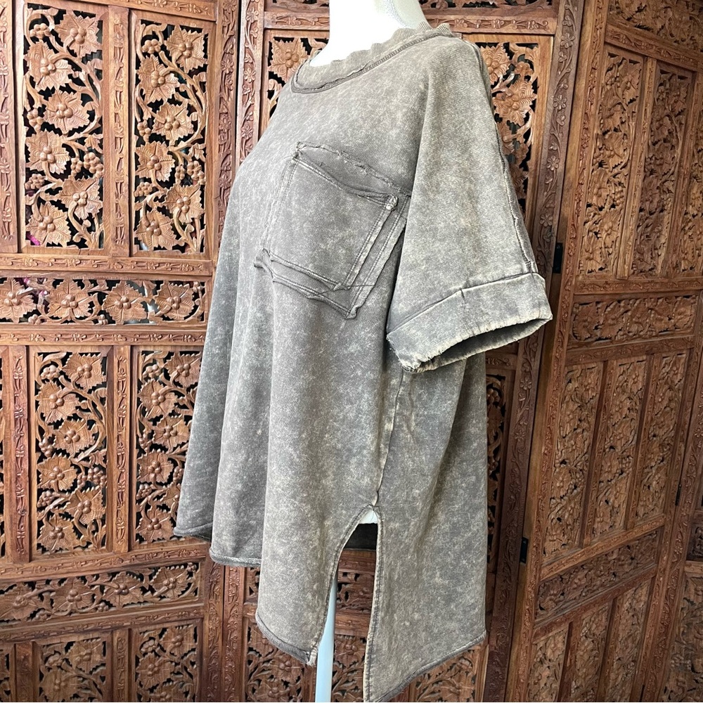 Zenana Acid Washed Brown  Short Sleeve Sweatshirt Terry Knot Pull Over - Picture 4 of 8